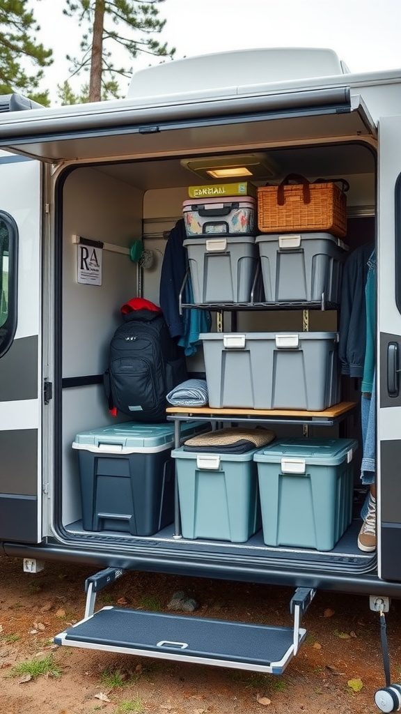 Organized storage area in an RV showing stacked bins, a wooden shelf, and hooks for bags