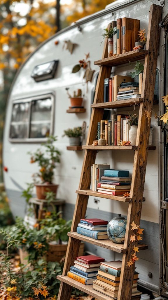 A rustic wooden ladder shelf filled with books, a globe, and potted plants beside a vintage RV.