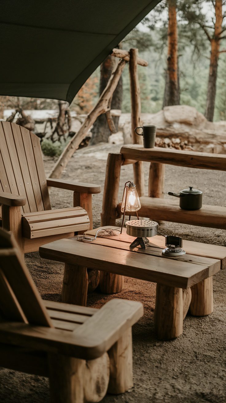 A rustic campsite setting featuring wooden furniture including chairs and a table, with a lantern and camping stove.