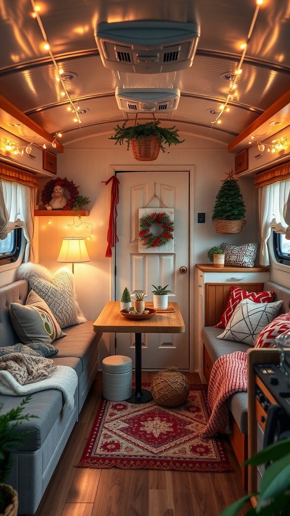 Cozy RV interior decorated for the season with lights, plants, and textiles.