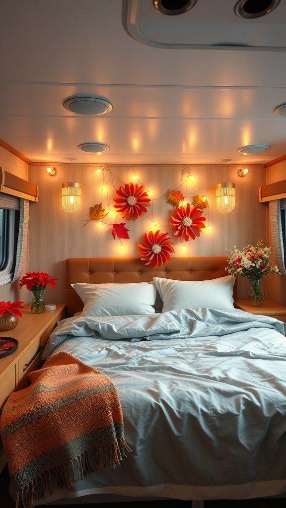 A cozy RV bedroom decorated for autumn with bright flowers, warm lighting, and a colorful throw blanket.