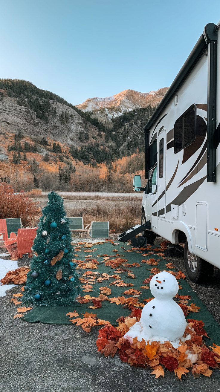 An RV campsite decorated with a snowman and a teal holiday tree surrounded by autumn leaves against a mountain backdrop.