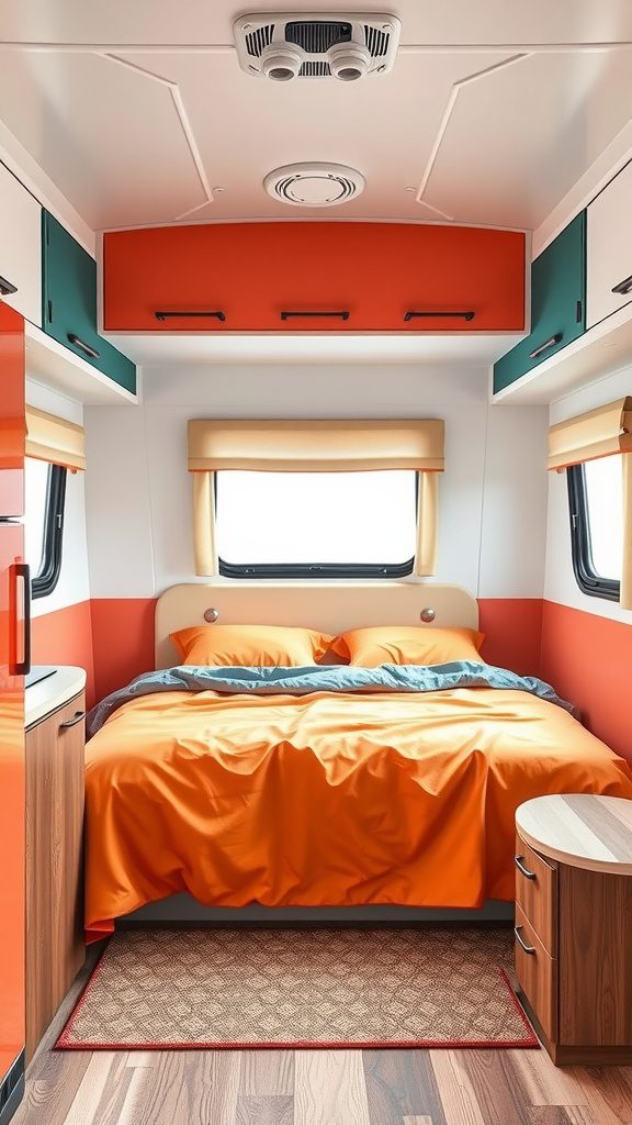 A cozy RV bedroom featuring color blocking with orange bedding and teal cabinetry