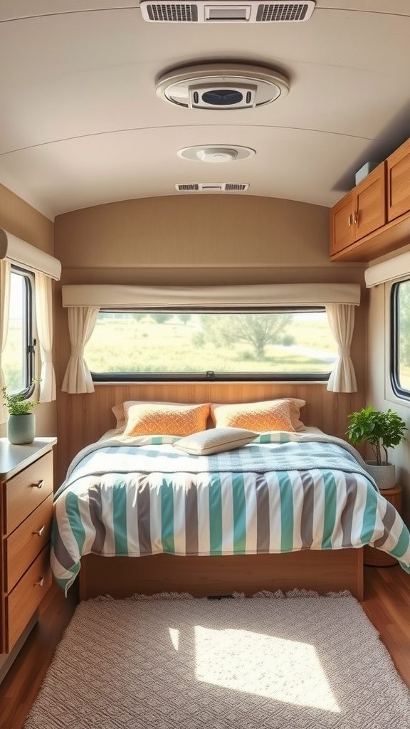 Cozy RV bedroom with soft color palette, featuring striped bedding and plants
