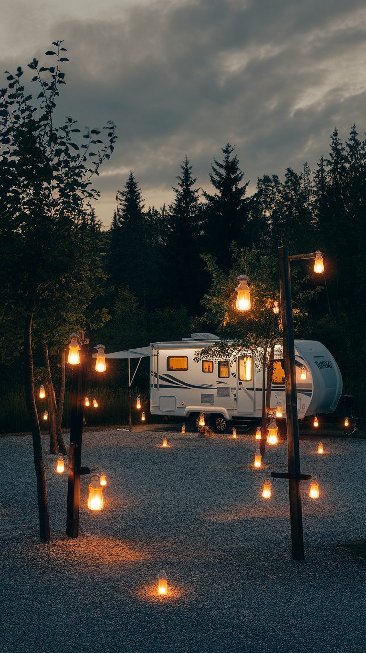 A campsite featuring solar-powered lanterns hanging from trees and posts, illuminating the area around an RV.