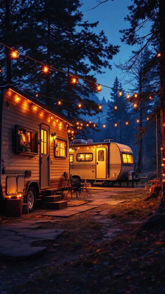 Two RVs illuminated by warm string lights in a forest setting at dusk