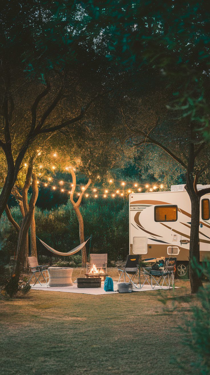 A campsite with string lights illuminating a seating area, a hammock, and a fire pit next to an RV.
