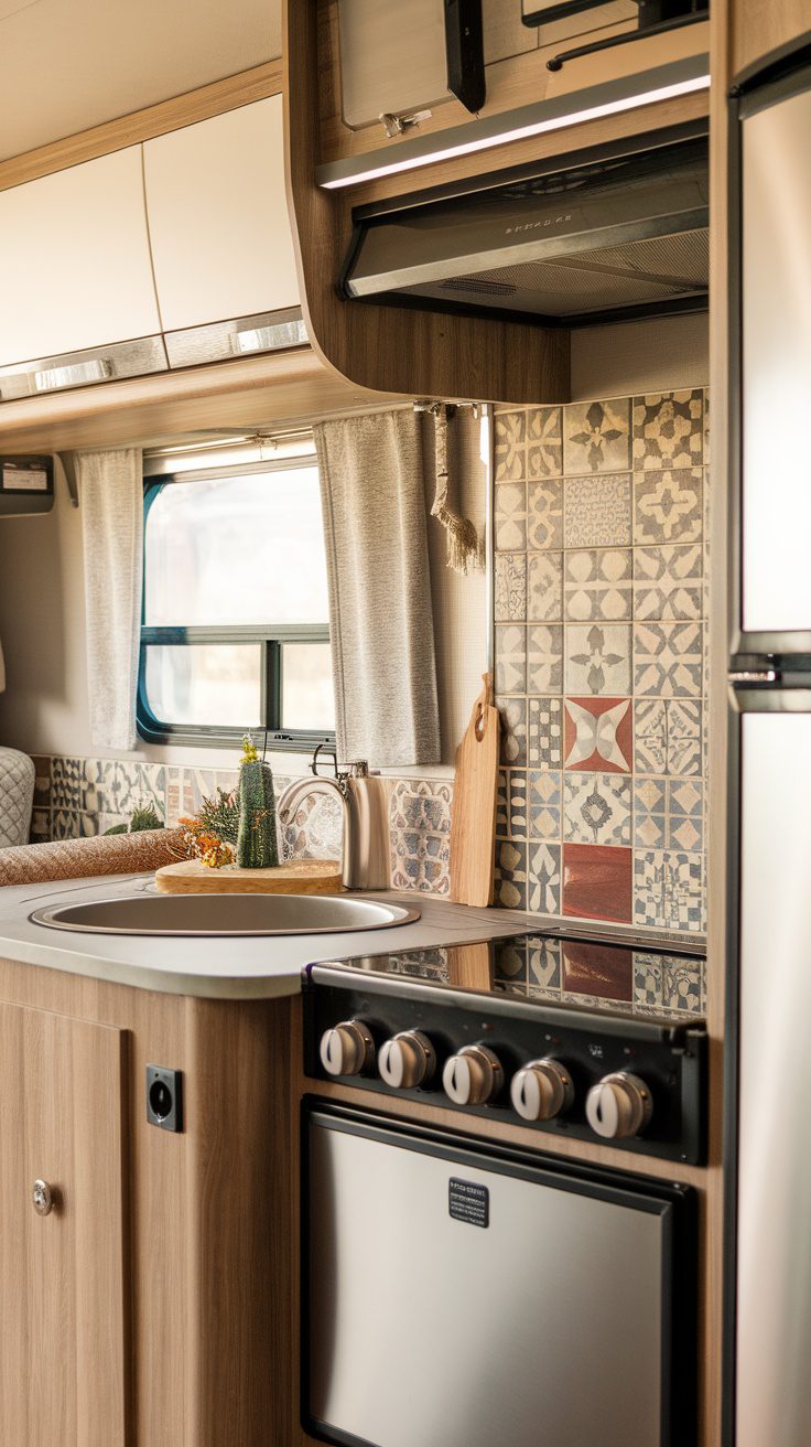 Colorful tile backsplash in an RV kitchen with modern appliances