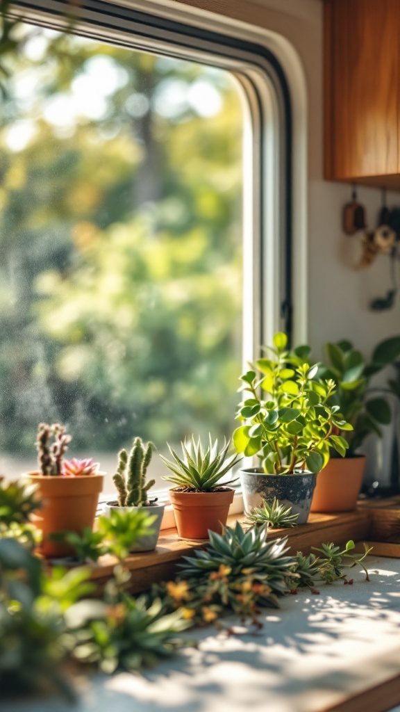 A variety of succulents in pots on a window sill with natural light