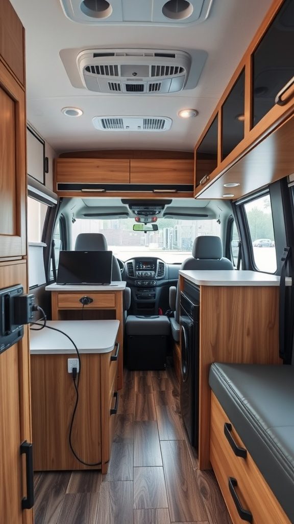 Interior of a tidy RV featuring wooden cabinets and a workspace with electronic devices.