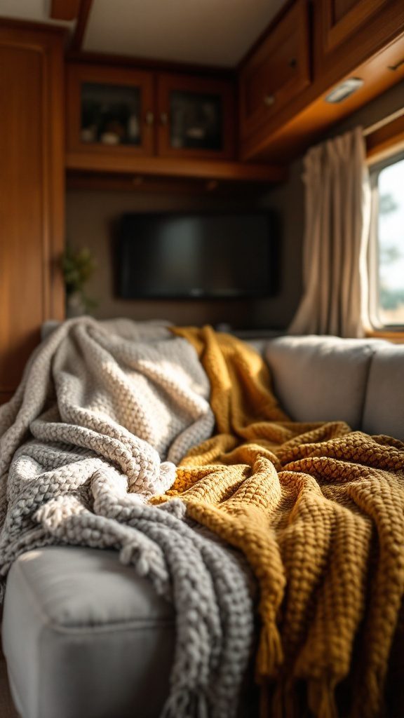 Cozy textured throws in shades of grey and yellow draped over a sofa in an RV interior.