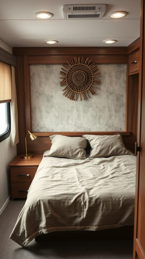 Cozy RV bedroom with textured wall, soft bedding, and warm lighting.