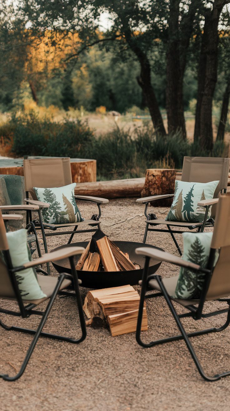 Outdoor campsite with chairs and forest-themed cushions around a campfire.