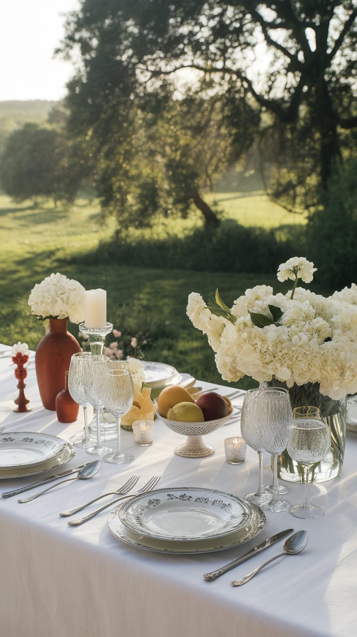 A beautifully set outdoor dining table with white flowers, elegant glassware, and fresh fruit, surrounded by nature.