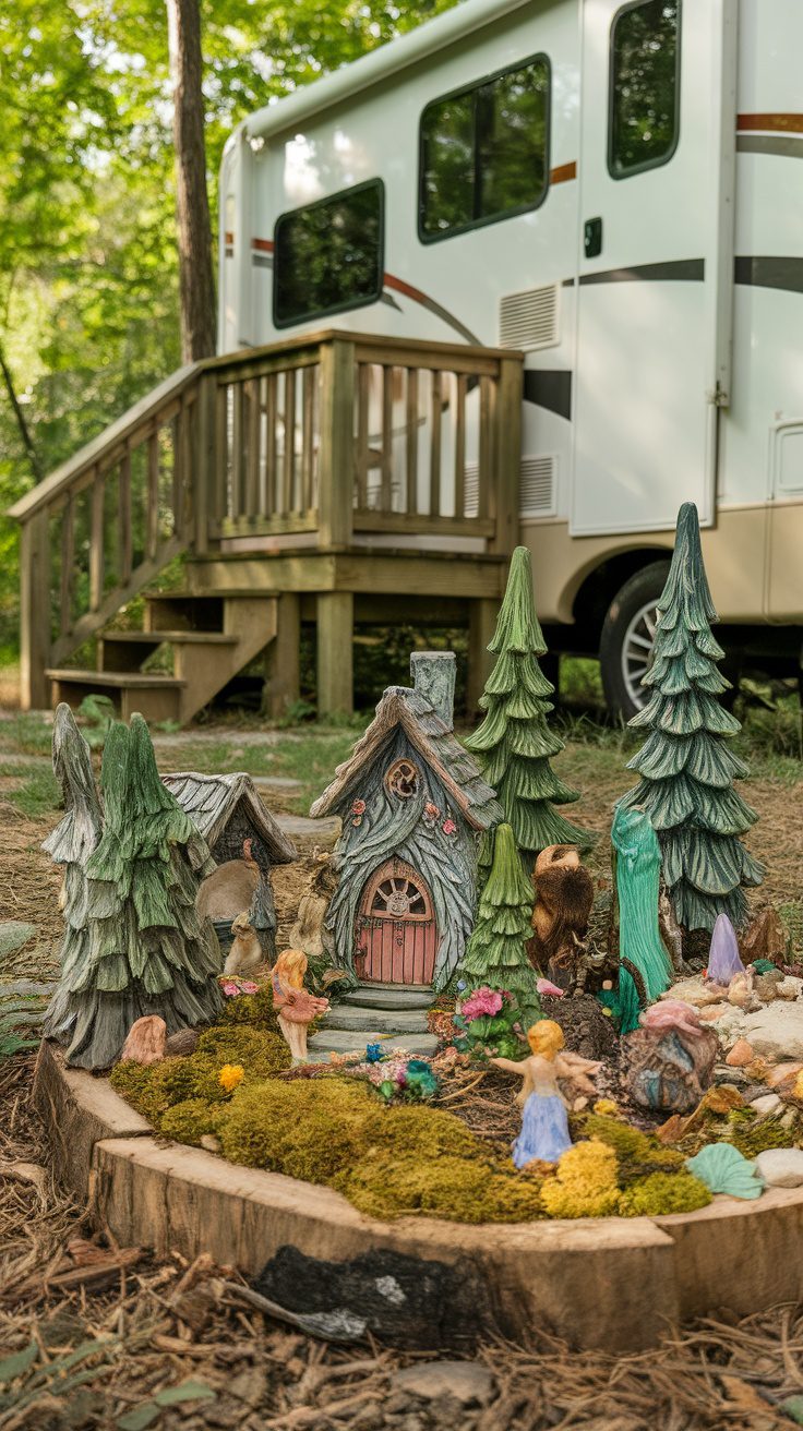 A whimsical fairy garden with miniature houses and figures, surrounded by trees, near an RV.