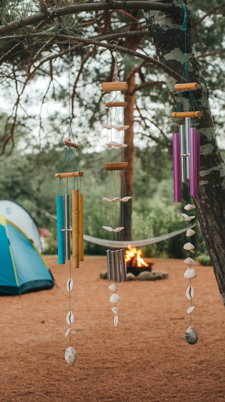 Colorful wind chimes hanging from a tree branch at a campsite, with a tent and fire in the background.