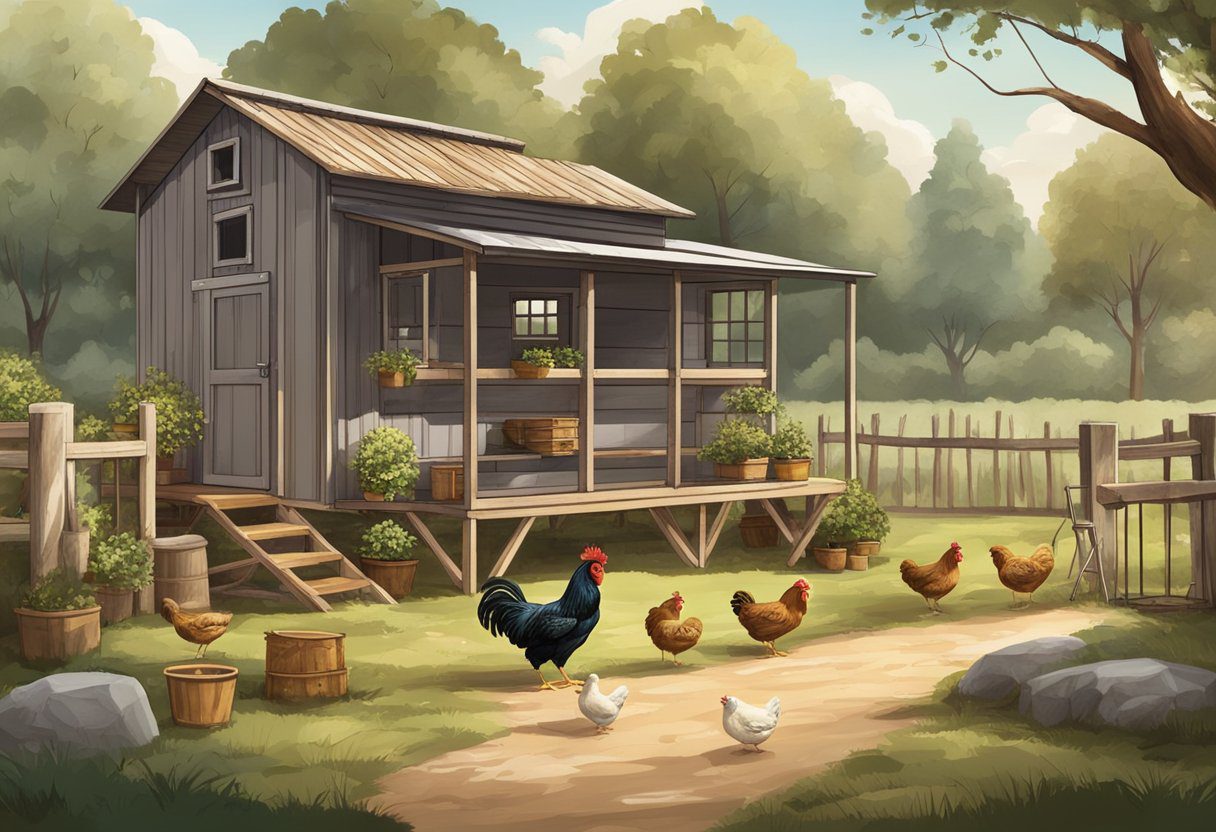 A rustic outdoor setting with a vintage chicken coop, surrounded by trees and open space