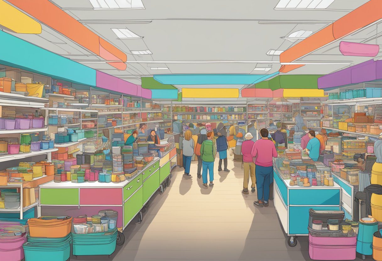 A bustling market with rows of colorful RV accessories and supplies, surrounded by eager customers browsing the shelves