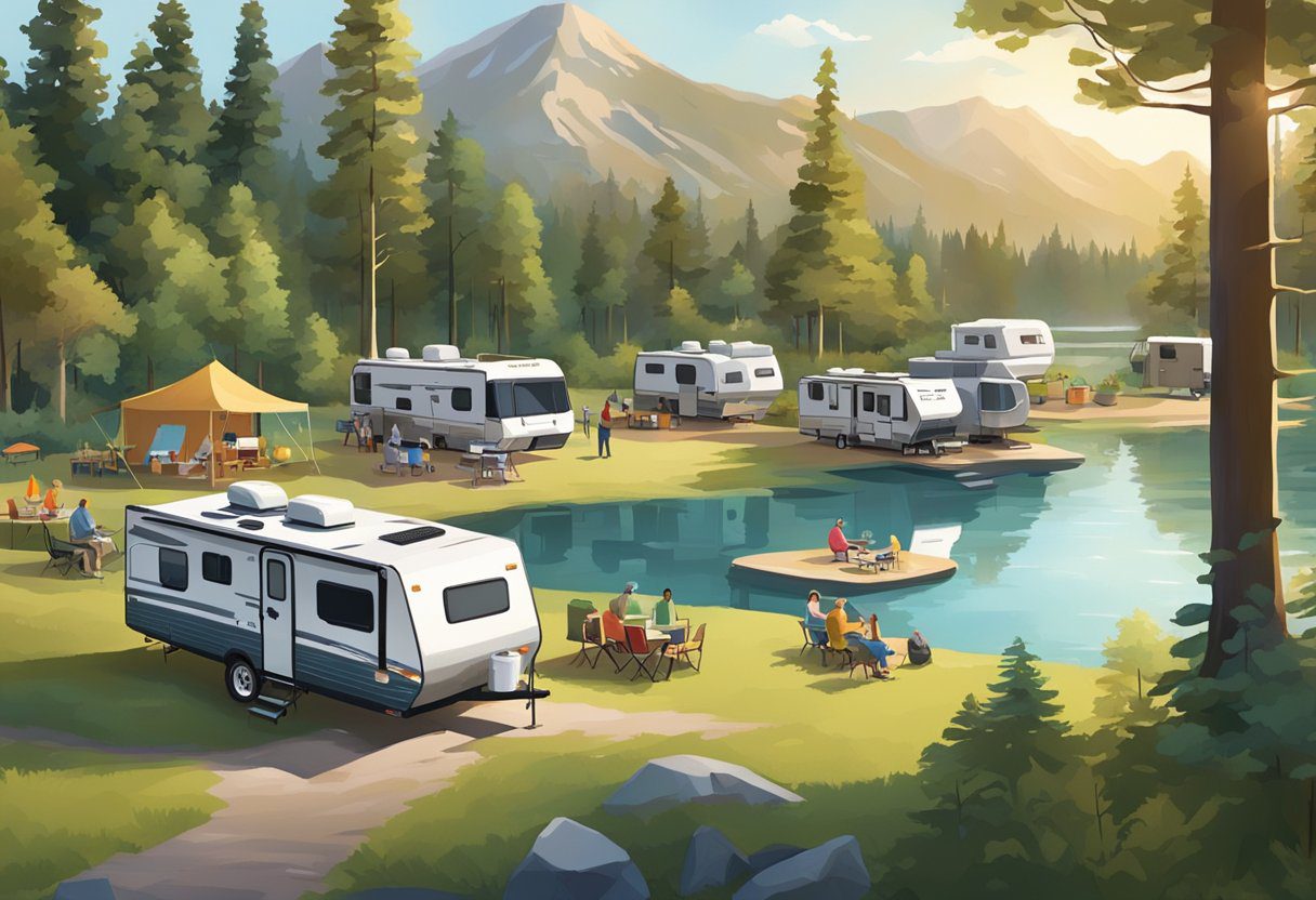 A bustling campground with RVs of various sizes and styles, surrounded by lush trees and a tranquil lake