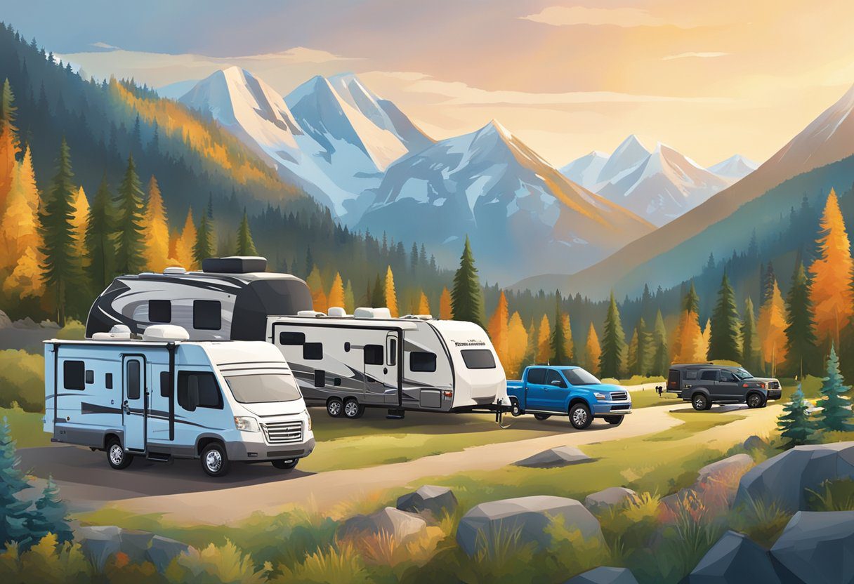 A bustling RV dealership with outdoor camping gear and vehicles on display, surrounded by a scenic backdrop of mountains and forests