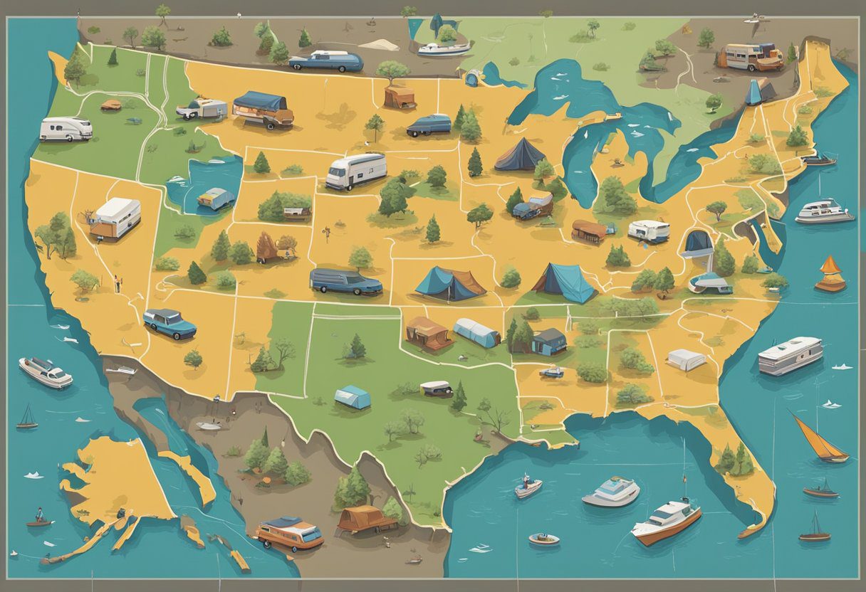 A sprawling map of the United States with multiple locations marked, surrounded by RVs and camping gear