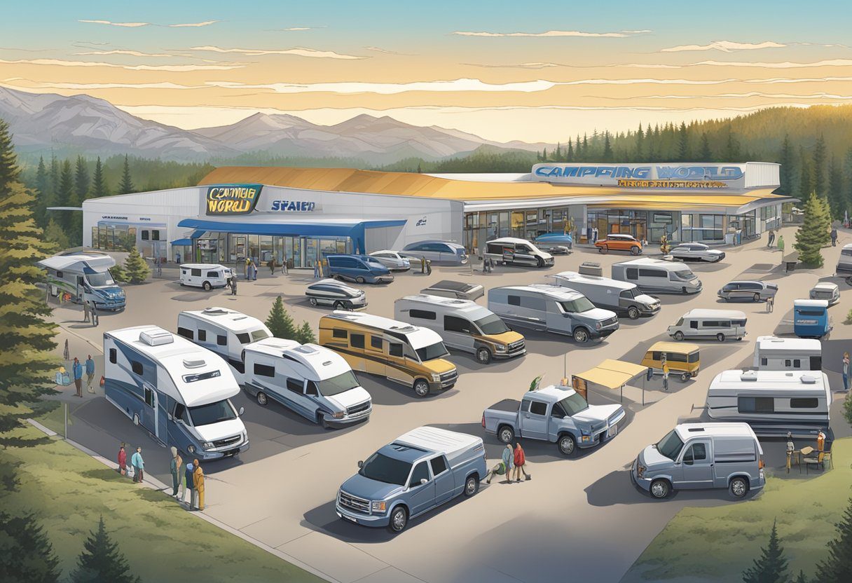 A bustling RV dealership with a large sign reading "Camping World" and a steady stream of customers browsing the lot and speaking with salespeople