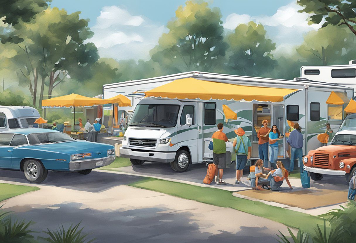 A bustling RV dealership with a large "Good Sam" logo on the exterior. Customers and employees engage in various activities around the lot