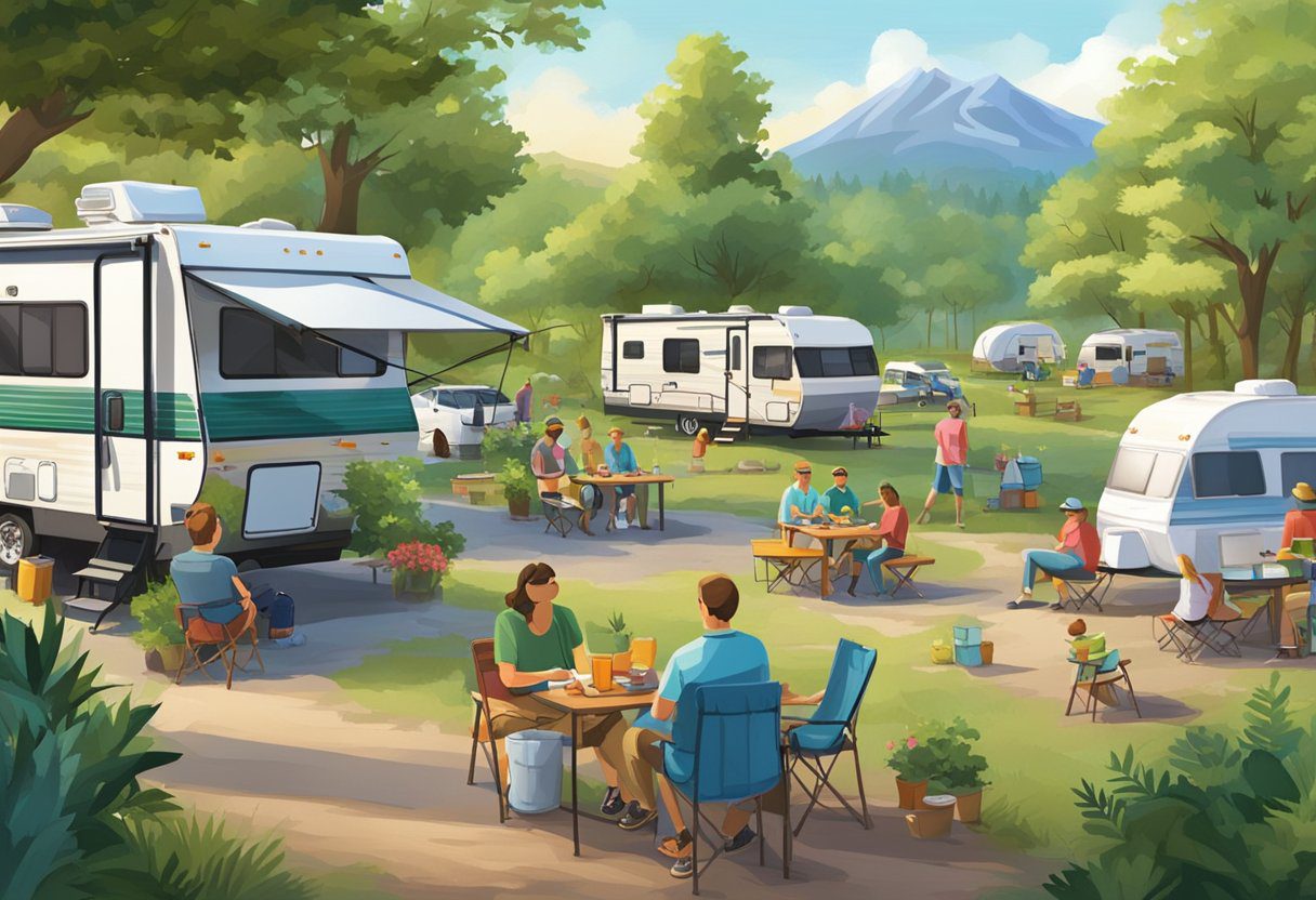 A bustling campground with RVs and campers surrounded by lush greenery and scenic views