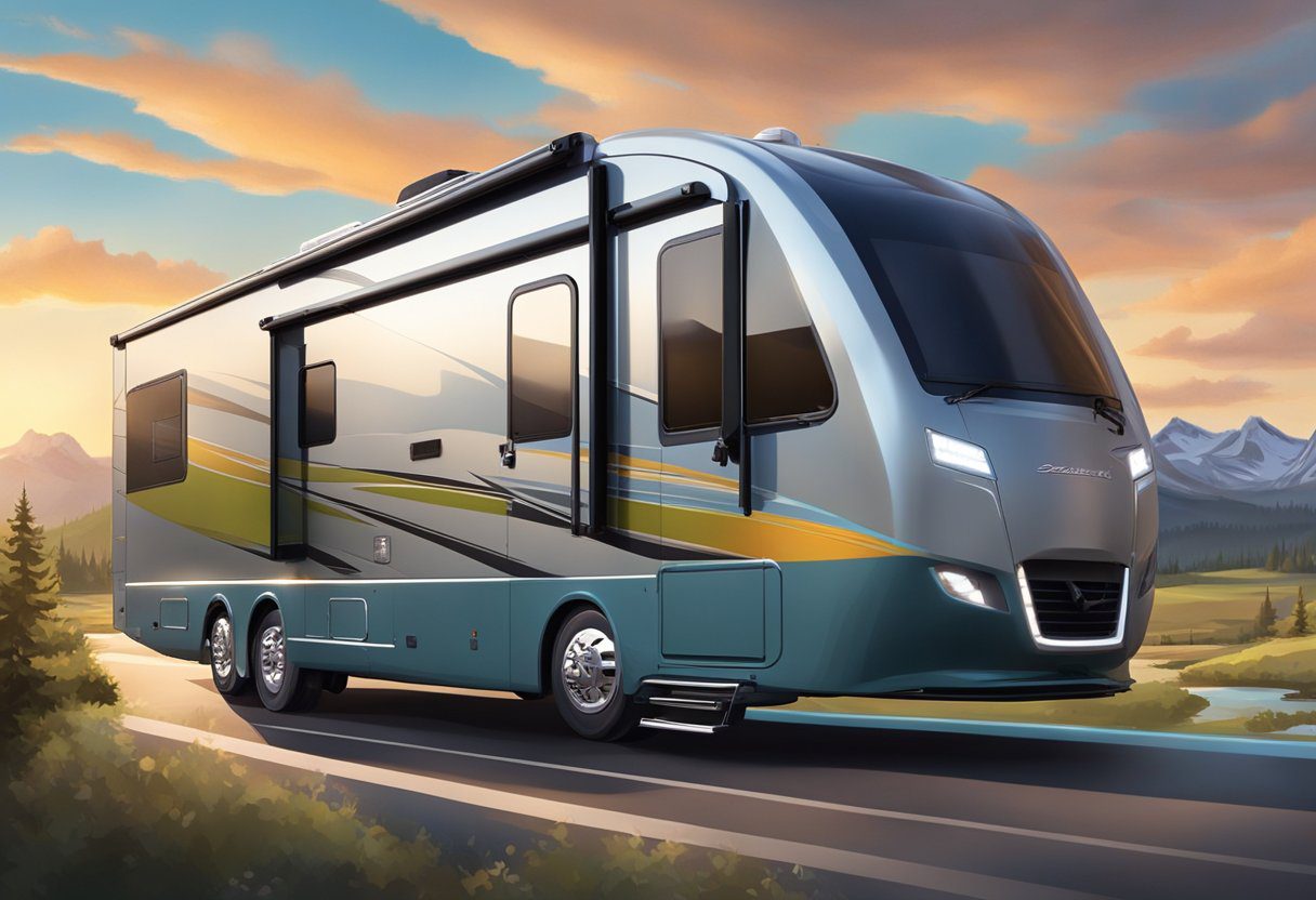 A sleek, modern RV with advanced engine components and innovative design, surrounded by a backdrop of scenic landscapes
