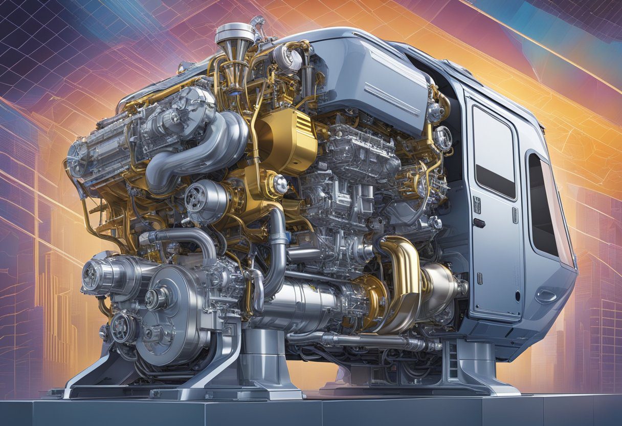 A turbocharged RV engine, with components labeled "7 High-Performance Breakthroughs by Gale Banks," surrounded by a dynamic, futuristic backdrop