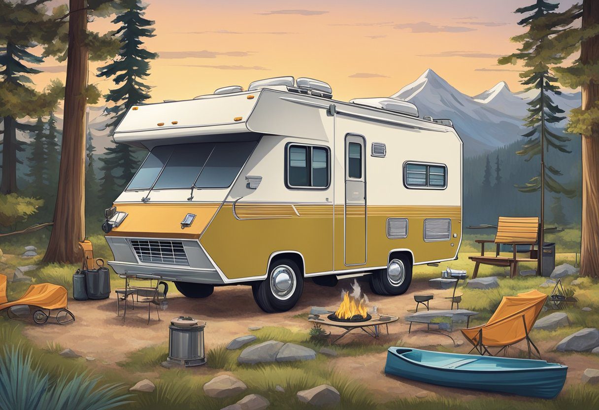 A vintage RV parked in a scenic campground, with a GM diesel engine prominently displayed and surrounded by various high-performance components
