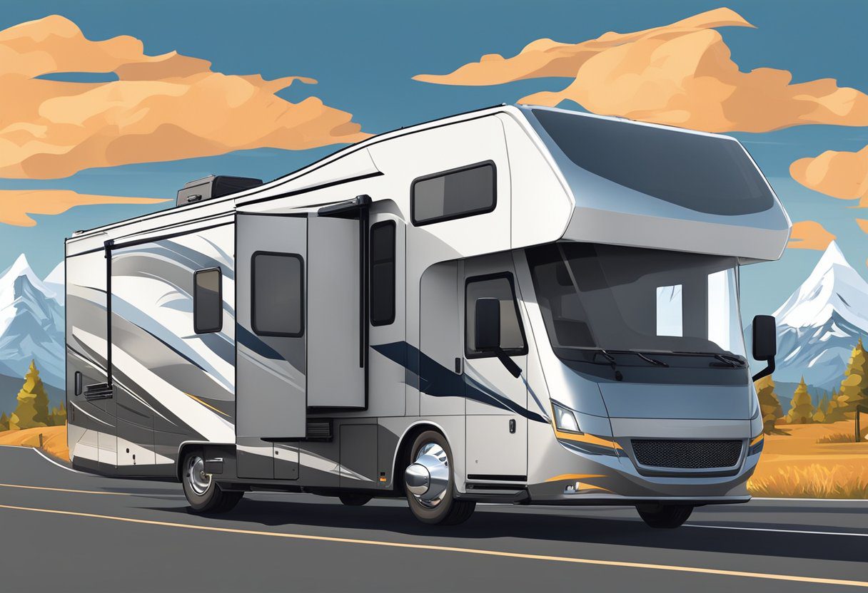A sleek, modern RV with a powerful turbocharger system, surrounded by open road and scenic landscapes