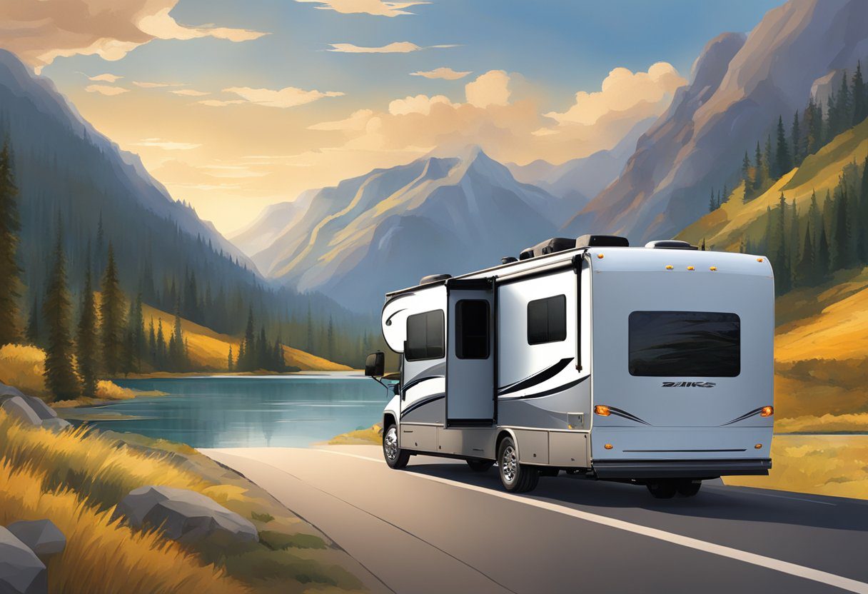 A powerful RV driving through a scenic landscape, with the Banks PowerPak System prominently installed and visible