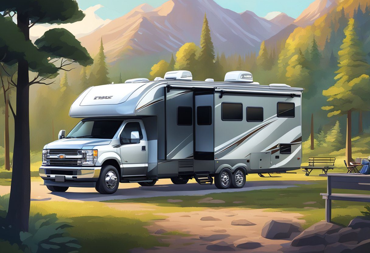 A sleek, modern RV parked in a scenic campground, surrounded by lush greenery and towering mountains, with an electronic engine tuner prominently displayed on a workbench nearby