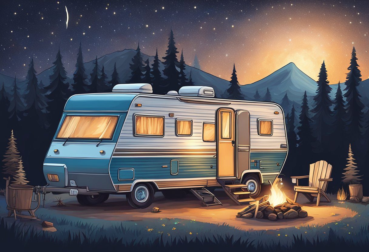 A vintage RV parked under a starry night sky, surrounded by a peaceful forest and a crackling campfire
