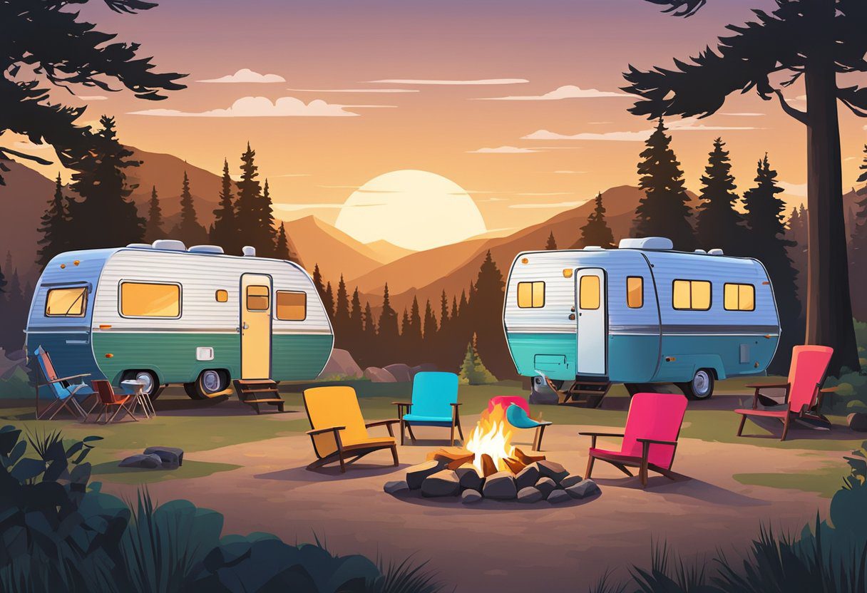 A group of vintage RVs parked in a scenic campground, with a campfire and chairs set up for a gathering of friends