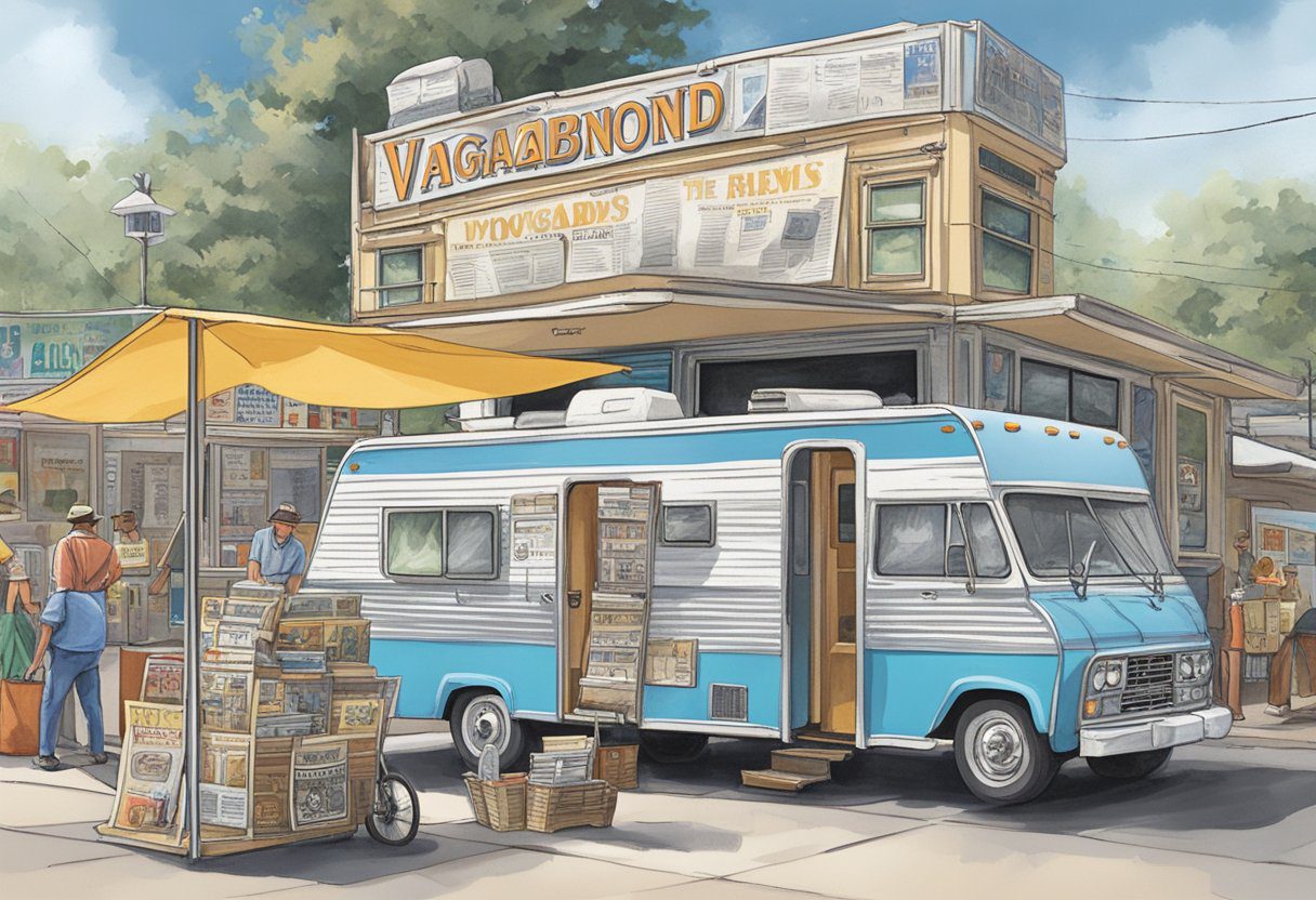 A vintage RV parked in front of a bustling newsstand, with newspapers featuring headlines about "The Vagabonds" prominently displayed
