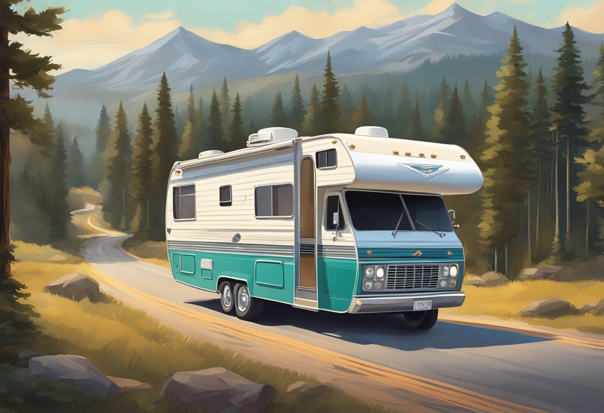 A vintage RV cruising down a winding road, with a prominent Firestone tire on the back wheel