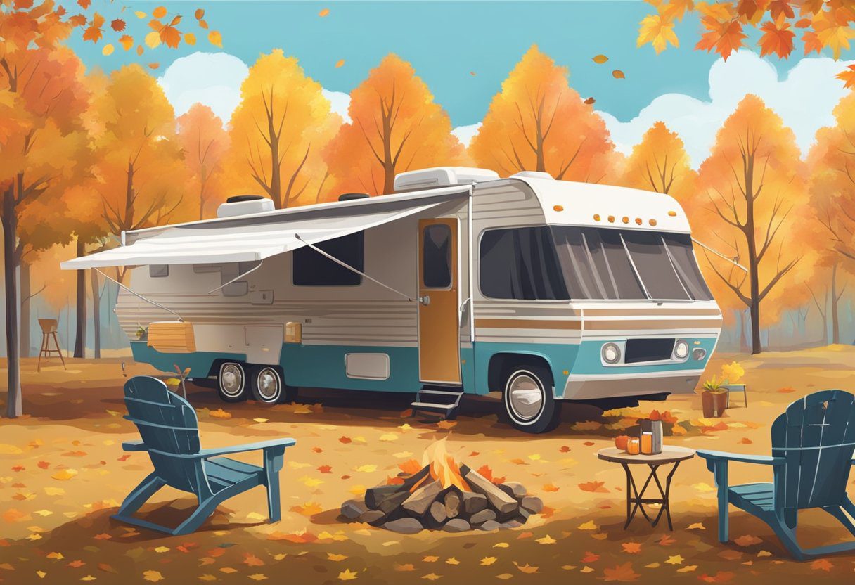 A vintage RV parked under a canopy of colorful autumn leaves, with a campfire and outdoor chairs set up nearby