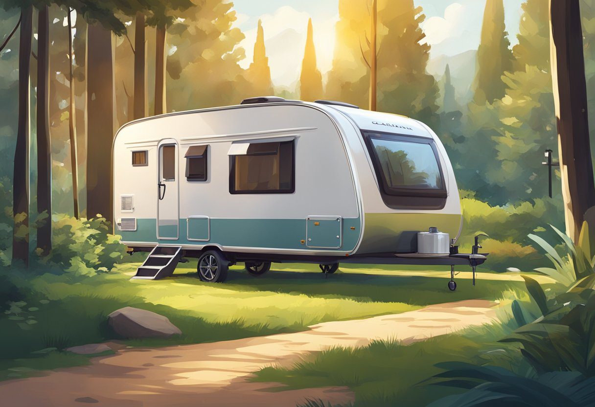 A sleek, modern caravan parked in a scenic outdoor setting, surrounded by lush greenery and bathed in warm sunlight