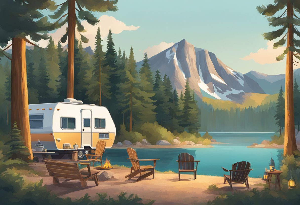 A vintage RV parked in a scenic campground, surrounded by towering trees and a tranquil lake, with a campfire and cozy chairs set up nearby