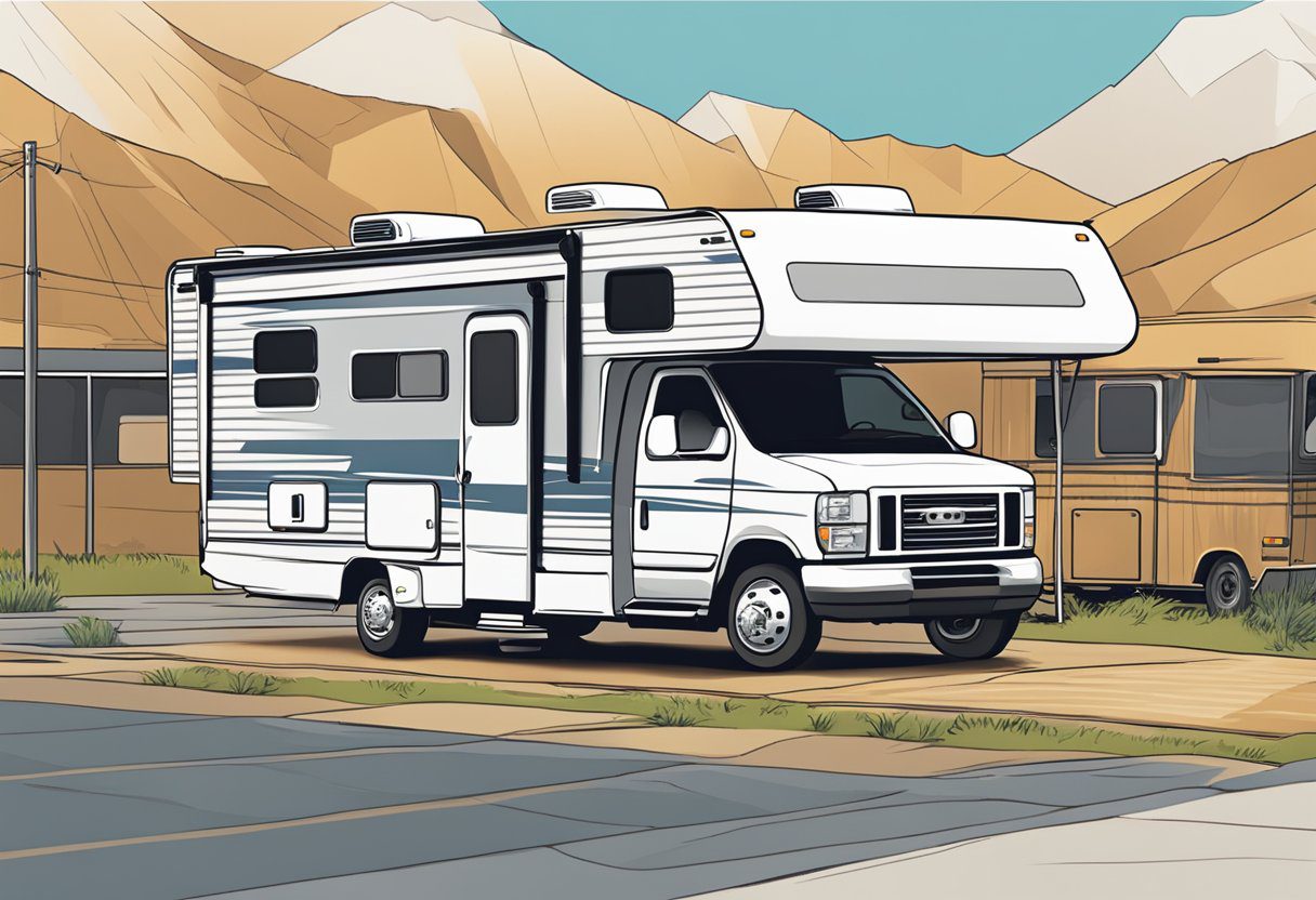 An RV parked at a rental lot with a sign advertising leasing options