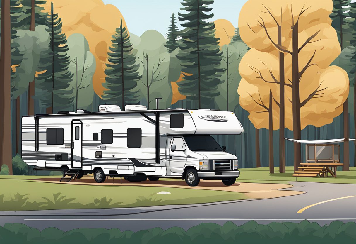 An RV parked in a spacious campground with a leasing sign displayed prominently in the front window