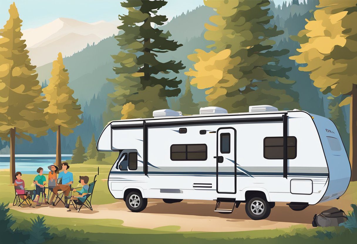 An RV parked in a scenic campground with a family enjoying outdoor activities, showcasing the benefits of leasing for a memorable vacation