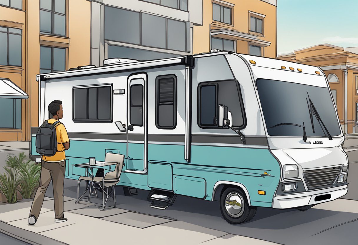 An RV parked in front of a rental office with a "For Lease" sign displayed. The office has a desk with a leasing agent assisting a customer