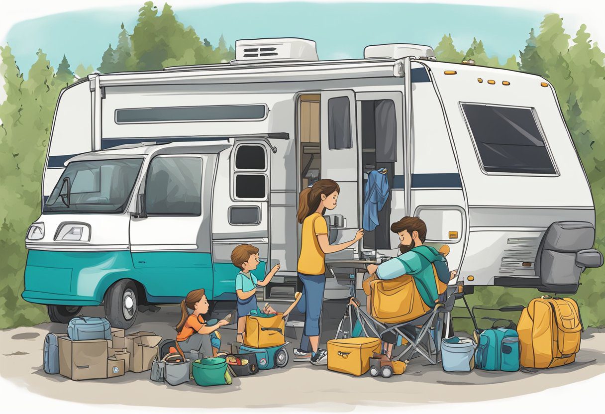 A family unpacks camping gear from their own RV, parked next to a "For Lease" sign outside a rental agency