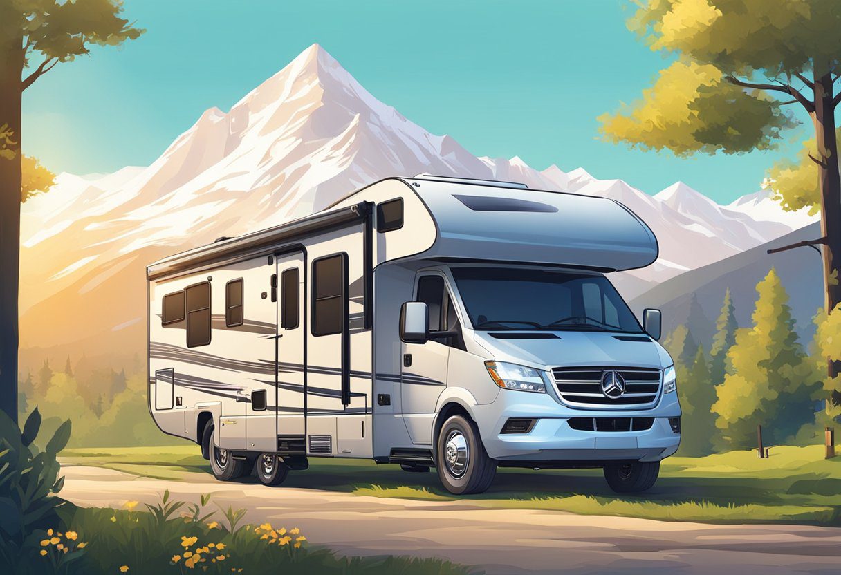 An RV parked in front of a scenic mountain backdrop, surrounded by lush greenery and a clear blue sky. Sunshine illuminates the vehicle, emphasizing its sleek design and spacious interior