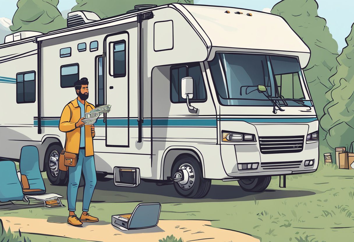 A person confidently negotiating a lower price for an RV with cash in hand