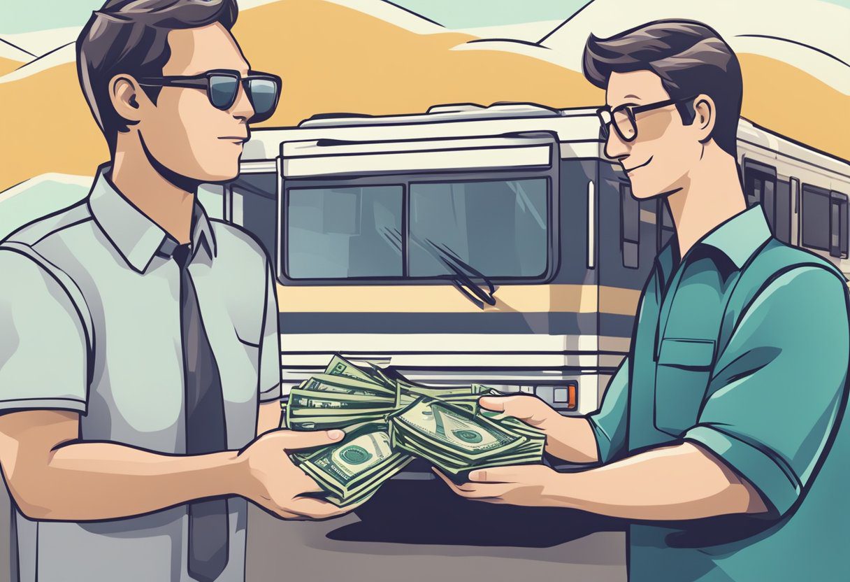 A person handing over a stack of cash to a seller in exchange for an RV, with a sign indicating "No Finance Charges or Interest."