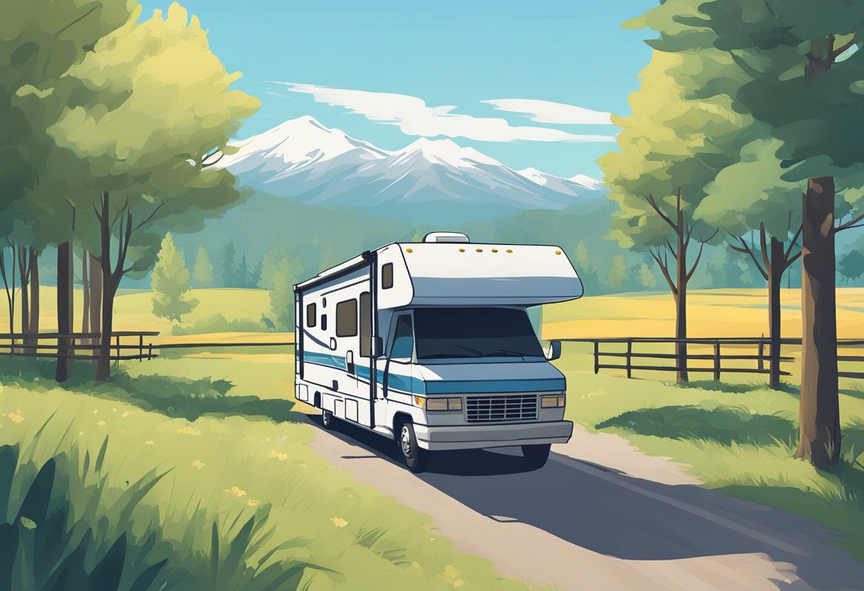 An RV parked in a serene countryside setting, surrounded by trees and a clear blue sky, with a simple budgeting chart displayed nearby